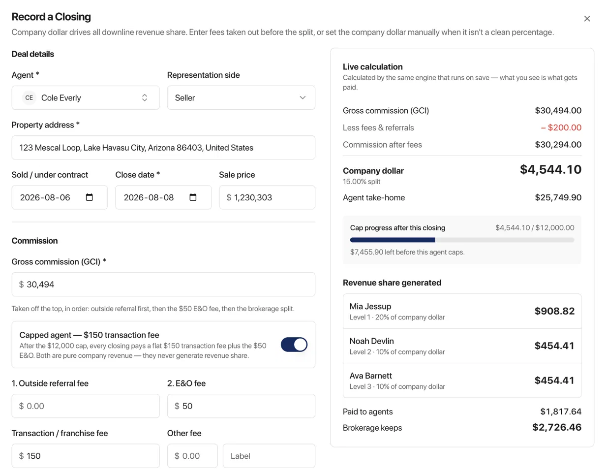Record a closing form with live calculation of company dollar, cap progress, and revenue share generated per level