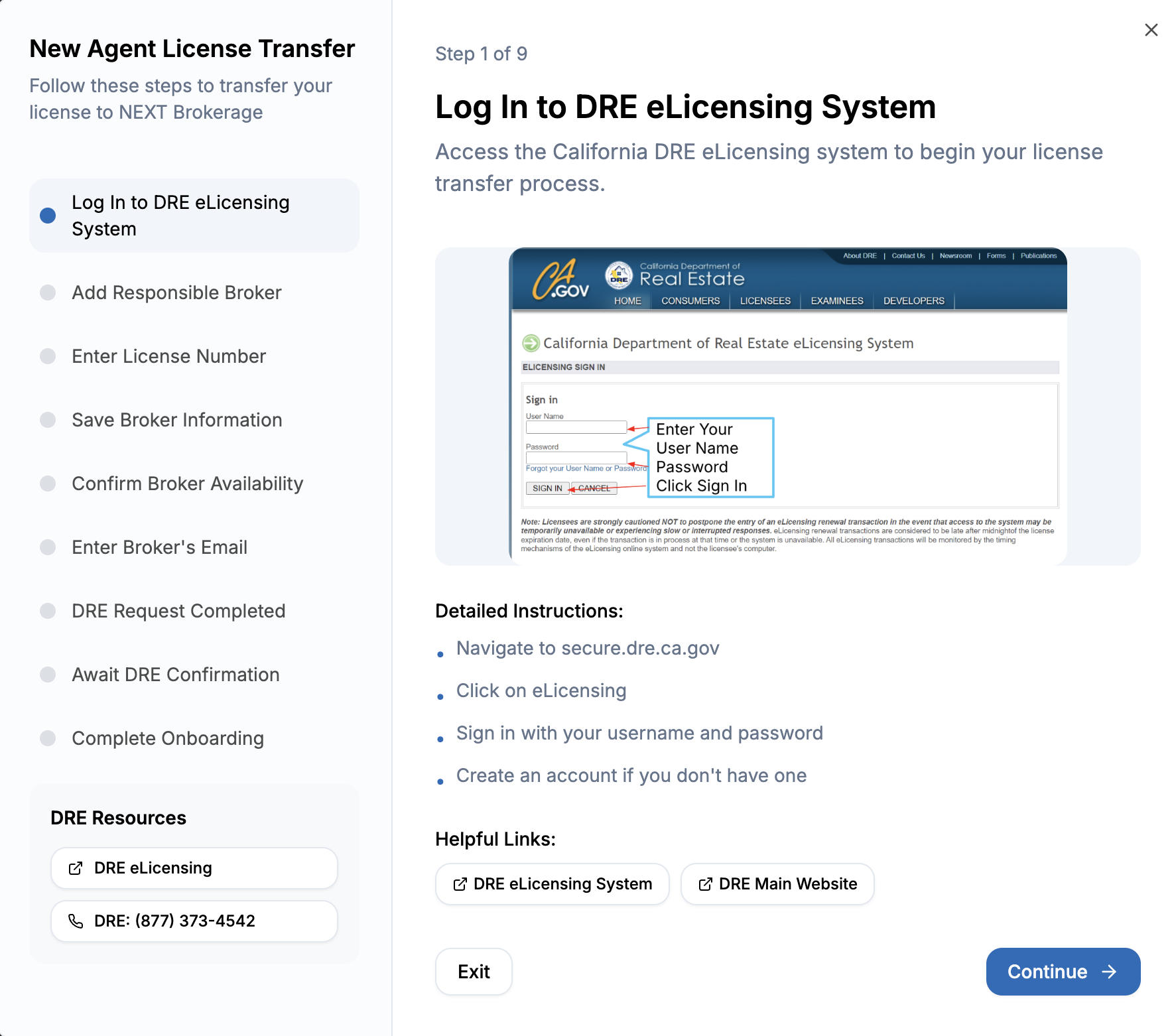 Step-by-step license transfer guide for a new agent's state