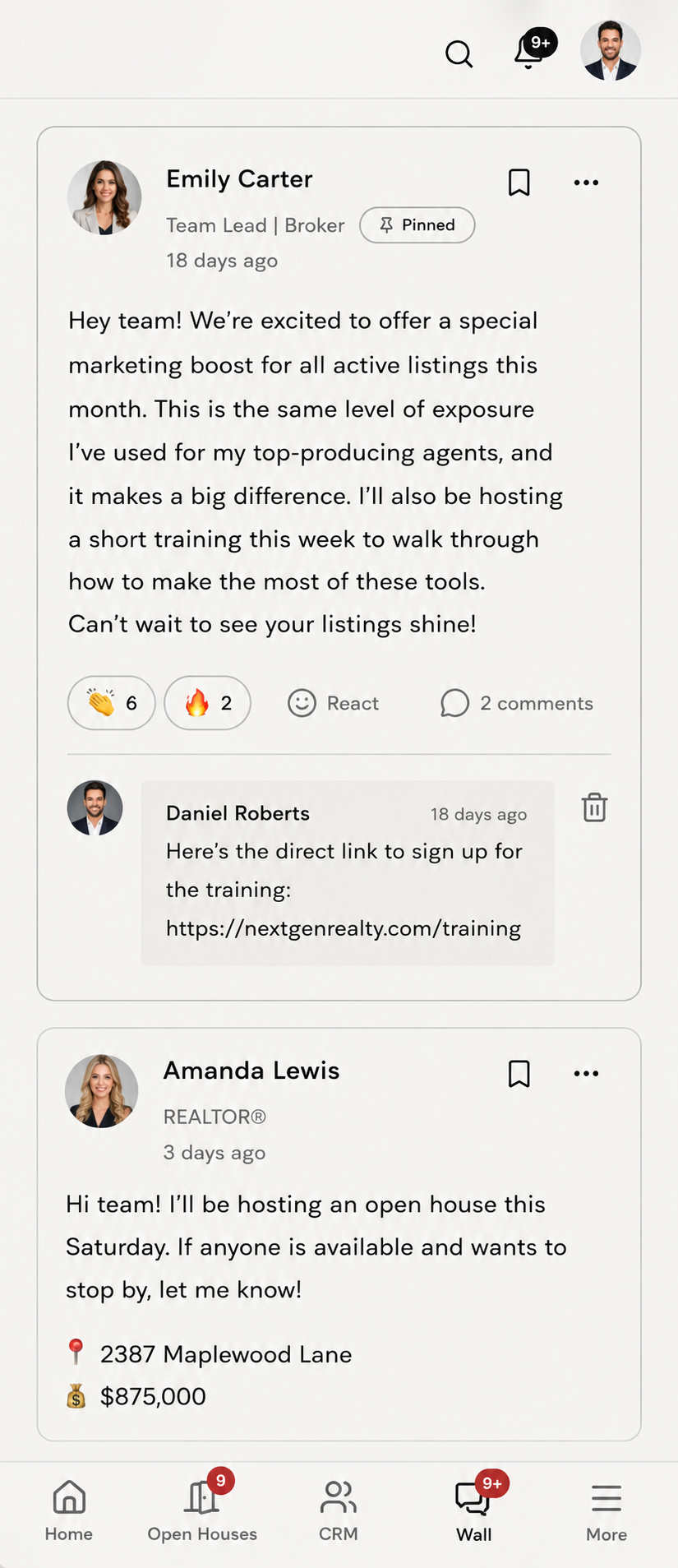 Company wall feed with team posts and comments on mobile