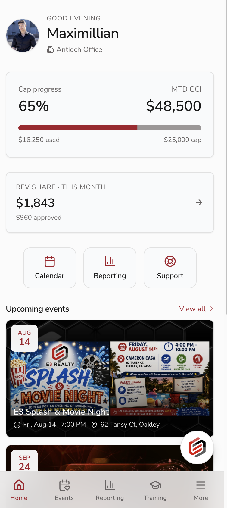 Agent home screen with cap progress, rev share and upcoming events