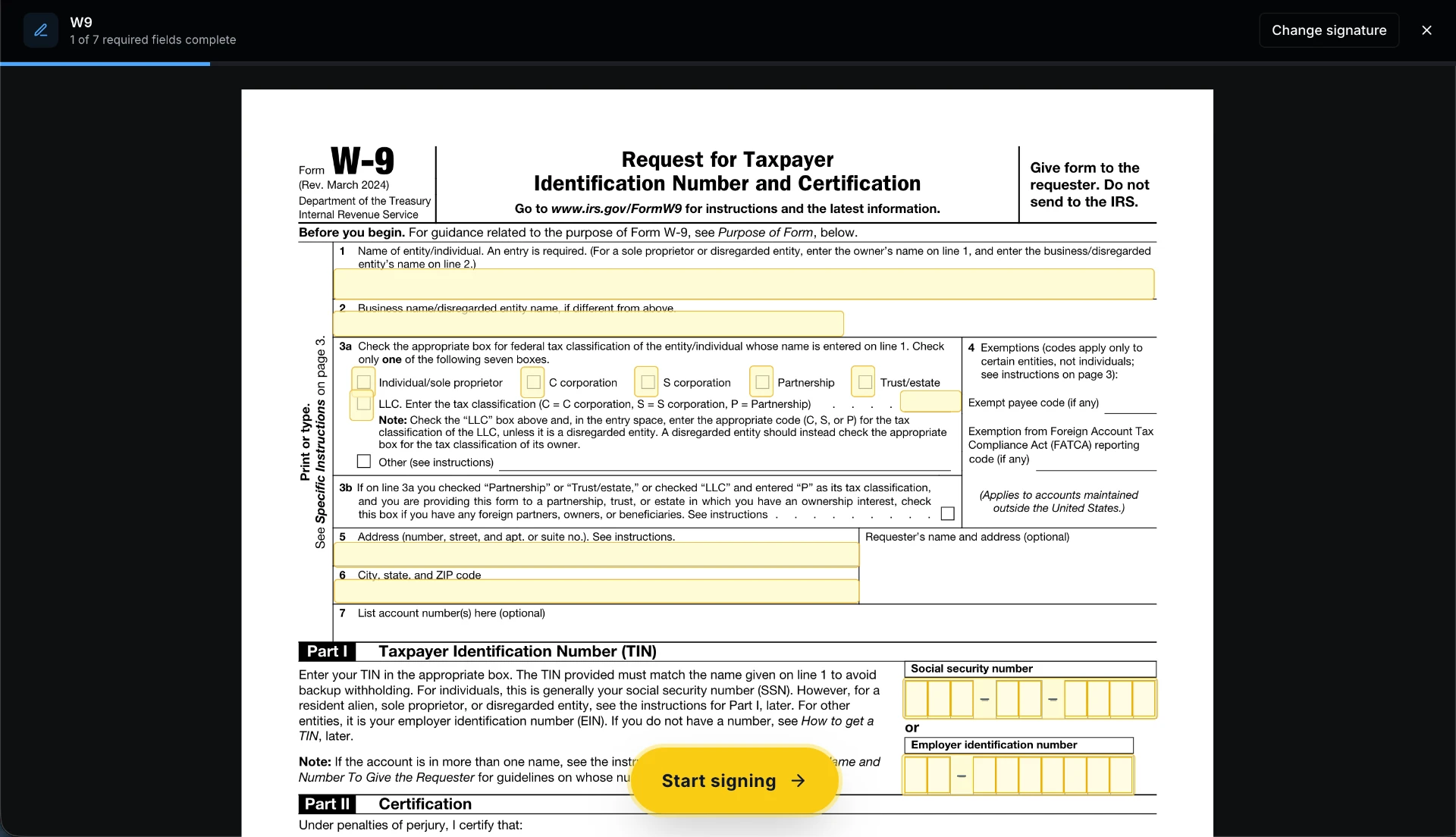 Built-in e-signature modal signing a W-9 onboarding document