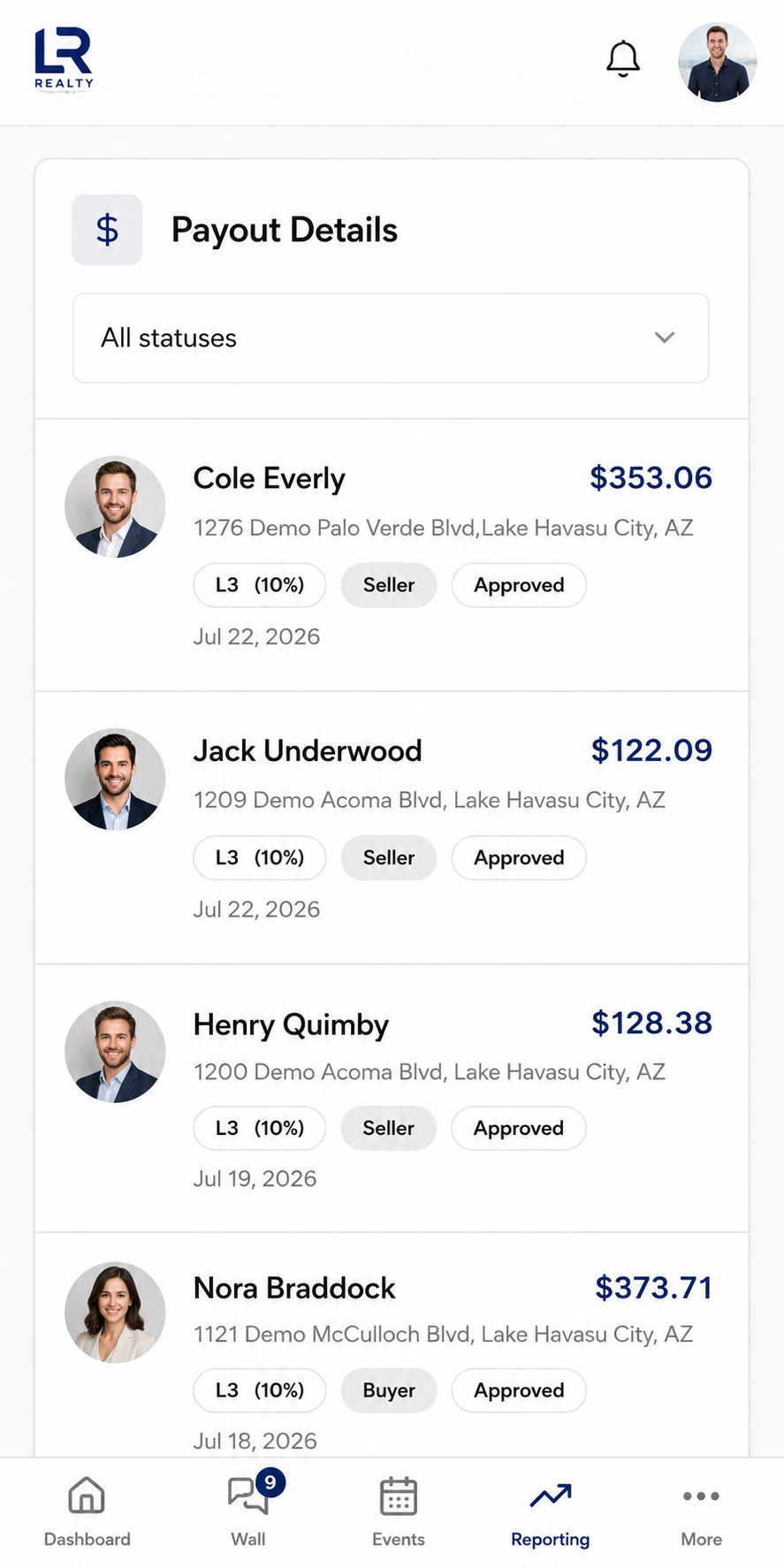 Agent mobile view showing revenue share over time, earnings by level, and payout details